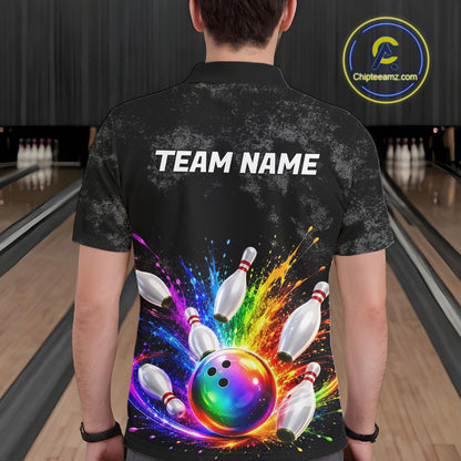 Rainbow Splatter Bowling Ball & Pins Shirt For Men Custom Colorful Paint Bowling Team Outfits NYN3283
