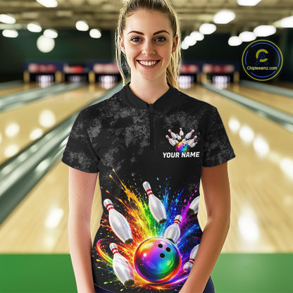 Rainbow Splatter Bowling Ball & Pins Shirt For Women Custom Colorful Paint Bowling Team Outfits NYN3283