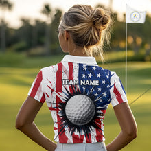 Load image into Gallery viewer, Female golfer wearing grunge American flag golf polo shirt, patriotic golf apparel, women's golf tournament clothing
