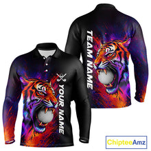 Load image into Gallery viewer, Colorful Tiger men's golf long sleeves polo shirt, splatter golf apparel, tiger golf shirt, custom golf team uniform, golf gift for men