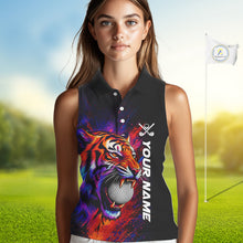 Load image into Gallery viewer, Female golfer wearing colorful tiger golf polo shirt, artistic splatter golf apparel, ladies golf outfit