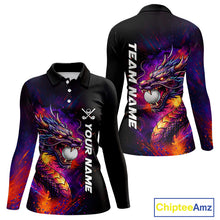 Load image into Gallery viewer, Colorful Dragon women's golf polo shirt, dragon golf apparel, splatter golf team shirt, ladies golf clothing