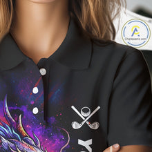 Load image into Gallery viewer, Female golfer wearing colorful dragon golf polo shirt, custom golf attire, women's golf tournament apparel