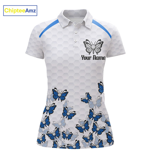 Blue Pattern Butterfly Womens Golf Polo Shirt Custom Name White Ball Golf Clothes Shirts NYN2909