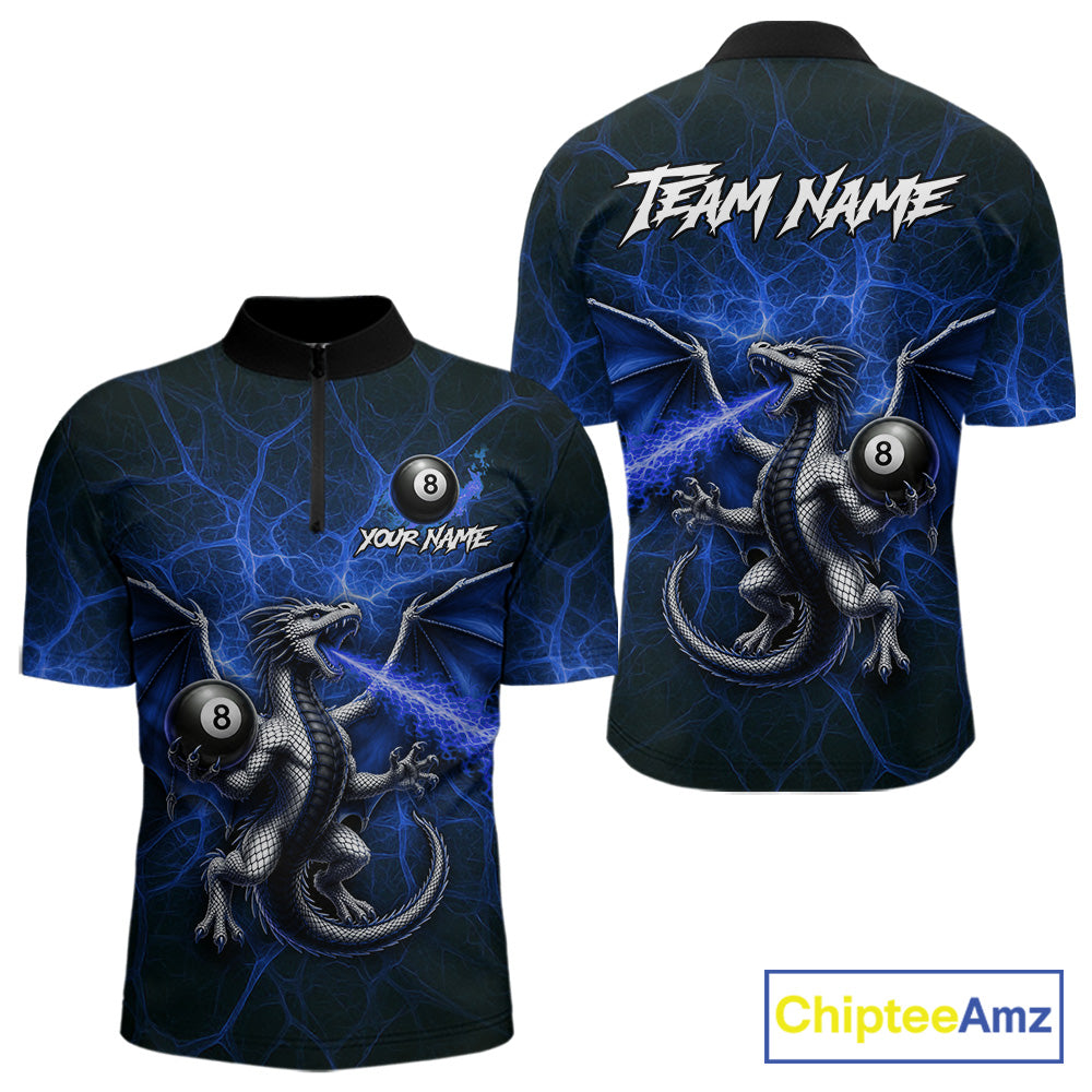 Blue flaming dragon billiard 1/4-zip shirt with 8 ball design for men