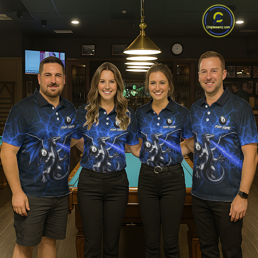 Custom Blue Flaming Dragon 8 Ball Billiard Polo Shirts For Women, Dragon Billiard Tournament Team Shirt NYN3290
