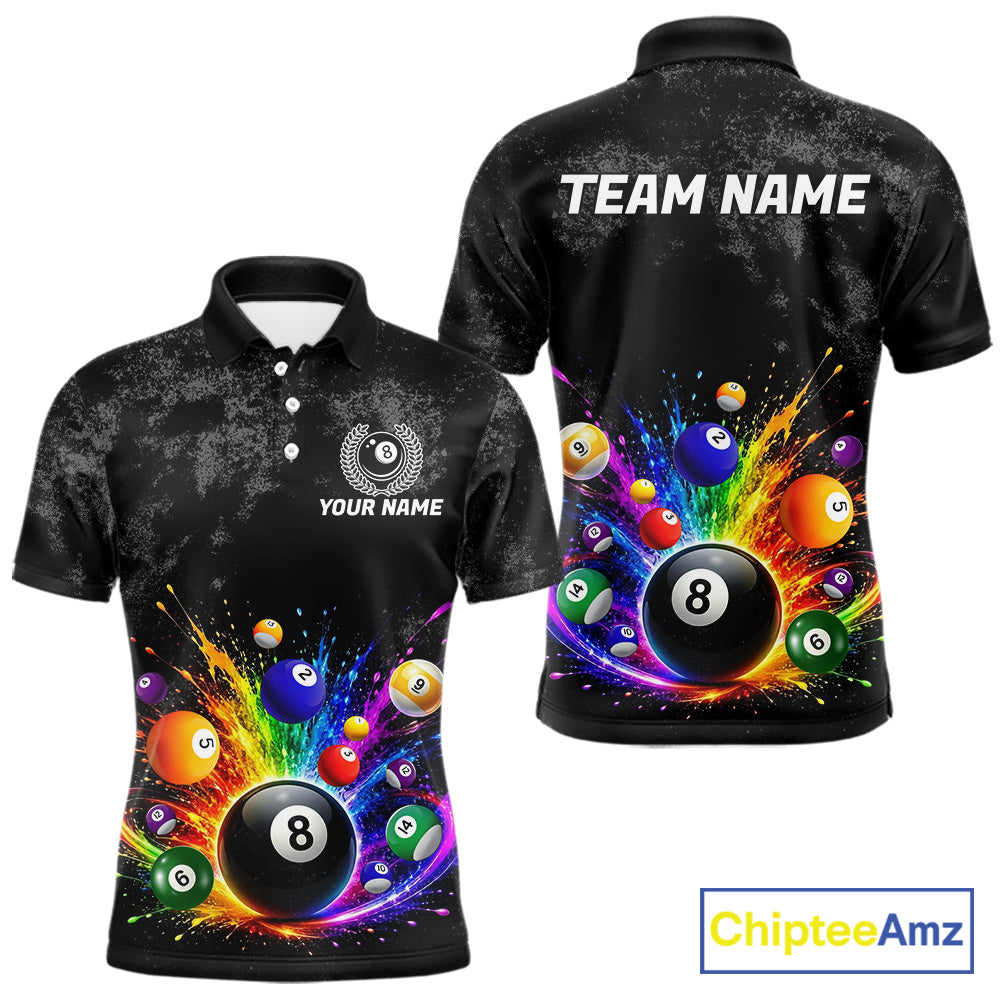 Rainbow splatter 8 ball pool polo shirt for men grunge billiard apparel