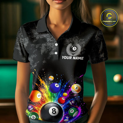 Personalized Rainbow Splatter 8 Ball Pool Polo Shirts For Women, Custom Grunge Billiard Team Apparel NYN3294