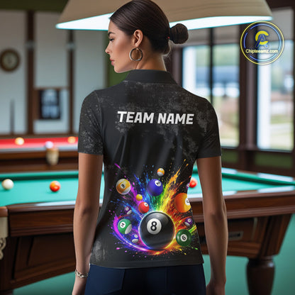 Personalized Rainbow Splatter 8 Ball Pool Polo Shirts For Women, Custom Grunge Billiard Team Apparel NYN3294