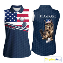 Load image into Gallery viewer, Women's funny cat golf polo shirt, American flag golf apparel, custom name golf shirt, patriotic golf clothing, golf team uniform