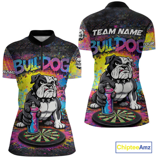 Custom Funny Bulldog Colorful Paint Men Darts Quarter-Zip League Shirts Splash Dart Team Jerseys NYN2253