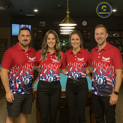 Custom Fire Flame US Flag Pool 8 Ball Women's Billiard Shirt Patriotic Billiard Team Attire NYN2545