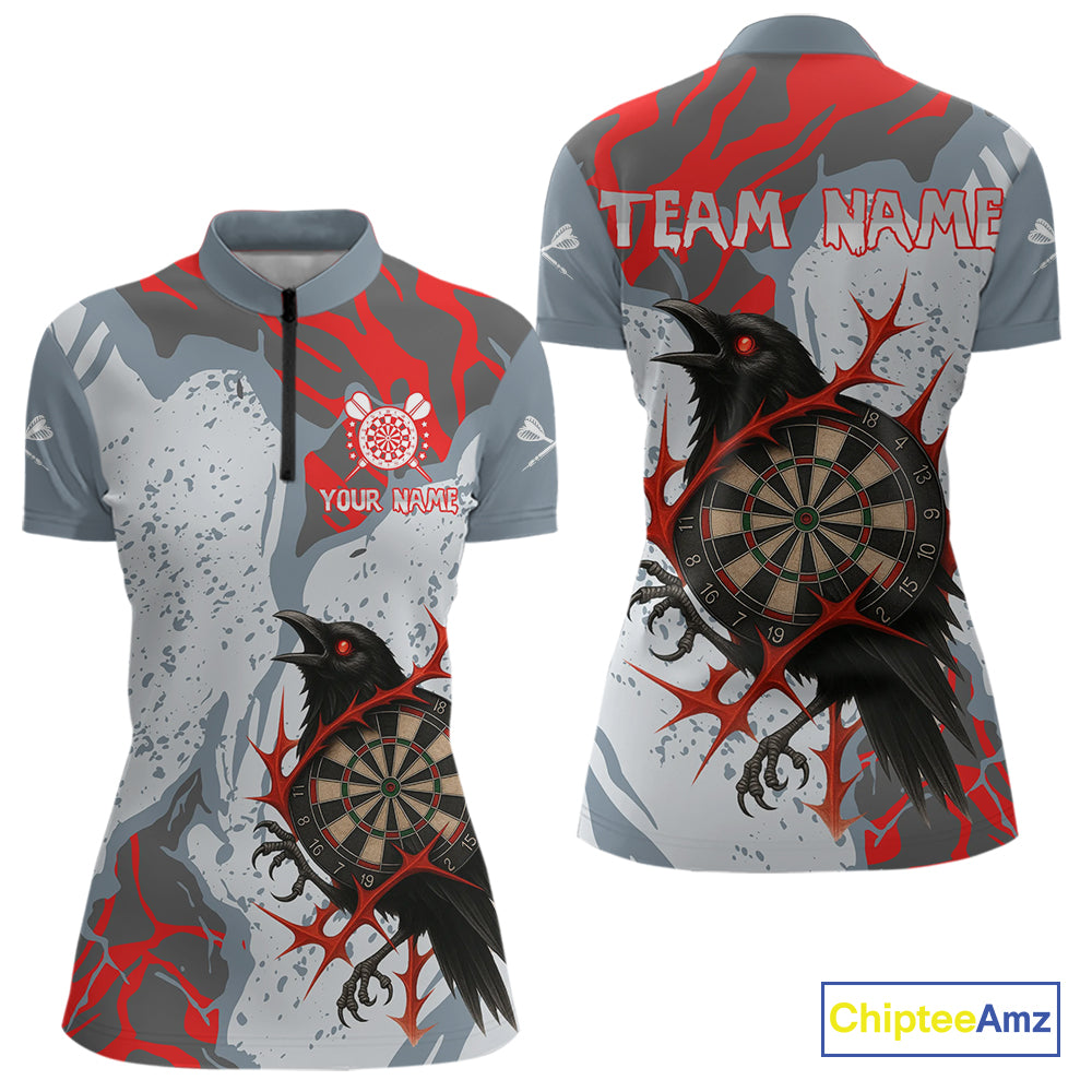 Gray And Red Raven Darts Shirt For Women - Custom Team Name - Unique Dartboard NYN0349