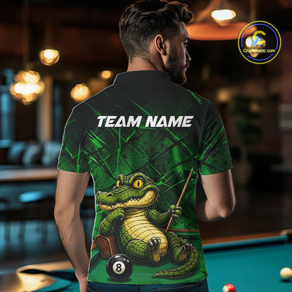 Funny Crocodile 8 Ball Pool Billiard Shirts For Men Custom Green Grunge Billiard Polo & 1/4-Zip Jersey NYN3313