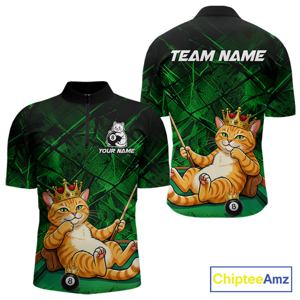 Funny Cat Crown 8 Ball Pool Billiard Shirts For Men Custom Green Grunge Billiard Polo & 1/4-Zip Jersey NYN3314