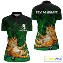 Load image into Gallery viewer, Funny cat crown 8 ball billiard 1/4-zip shirt for women green grunge pool jersey