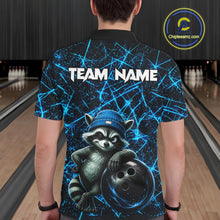 Load image into Gallery viewer, Male bowler wearing cool raccoon bowling jersey, neon blue lightning bowling shirt, personalized bowling team apparel