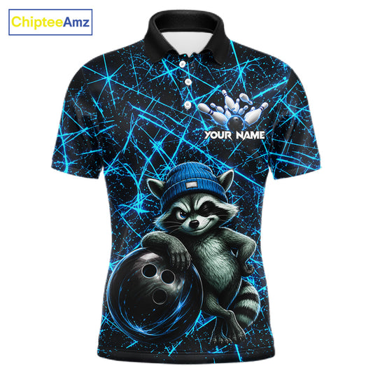 Funny cool raccoon bowling ball men's bowling polo shirt, neon blue lightning bowling jersey, custom bowling team shirt, personalized bowling apparel, bowling league uniform