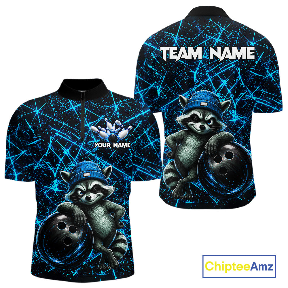 Funny cool raccoon bowling ball men's bowling quarter-zip shirt, neon blue lightning bowling jersey, custom bowling team apparel