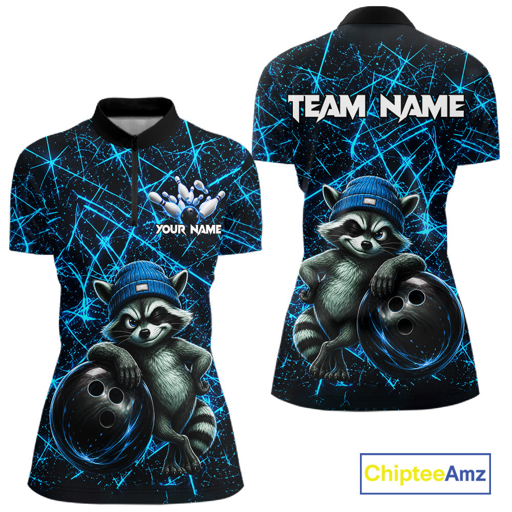 Funny cool raccoon bowling ball women's bowling quarter-zip shirt, neon blue lightning bowling jersey, custom bowling team apparel