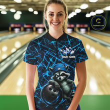 Load image into Gallery viewer, Female bowler wearing cool raccoon bowling jersey, neon blue lightning bowling shirt, personalized bowling team apparel