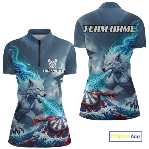 Custom Red & Blue Flames Wolf Dartboard Dart Women Quarter-Zip Jerseys Outfits Dart Team Shirts NYN1751