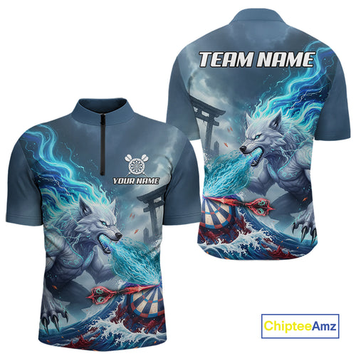Custom Red & Blue Flames Wolf Dartboard Dart Men Quarter-Zip Jerseys Outfits Dart Team Shirts NYN1751
