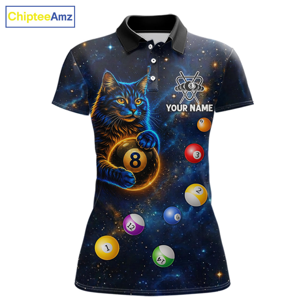 Funny Cat Galaxy Custom 8 Ball Billiard Polo & 1/4-Zip Shirt For Women Blue Billiard Team Jersey NYN3132