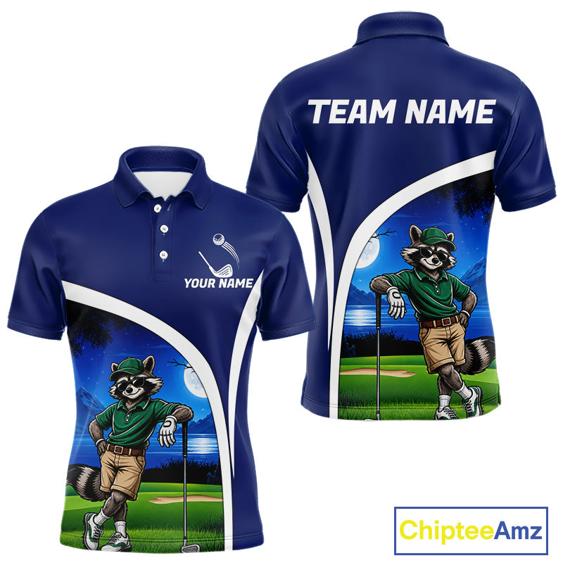 Blue polo shirt with raccoon character and customizable text on a white background