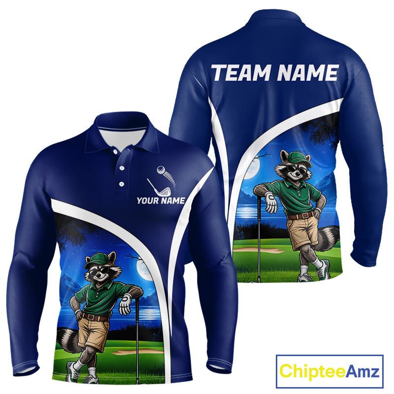 Blue long-sleeve shirt with cartoon raccoon design and customizable text on a white background