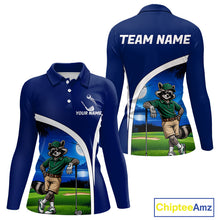 Load image into Gallery viewer, Blue polo shirt with raccoon graphic and customizable text on a white background