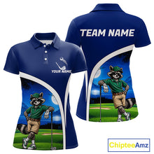 Load image into Gallery viewer, Blue polo shirt with cartoon raccoon design on a golf course, customizable text.