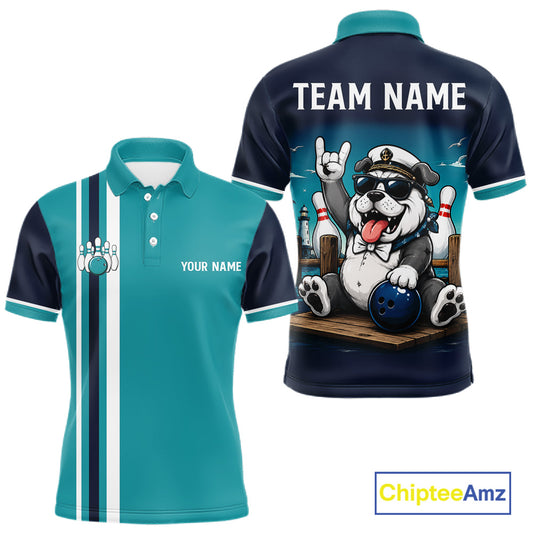 Personalized Funny Bulldog Men's Bowling Polo Shirt, Custom Name Bowling League Jersey, Athletic Performance Apparel