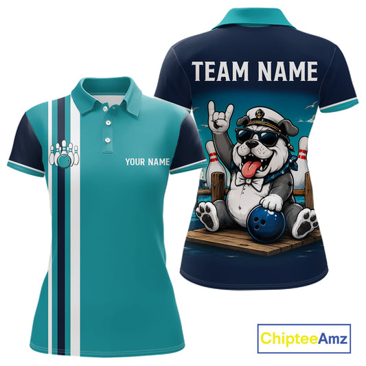Personalized Funny Bulldog Women's Bowling Polo Shirt, Custom Name Bowling Team Jersey, Dog Lover League Apparel, Performance Polo, Bowling Gift