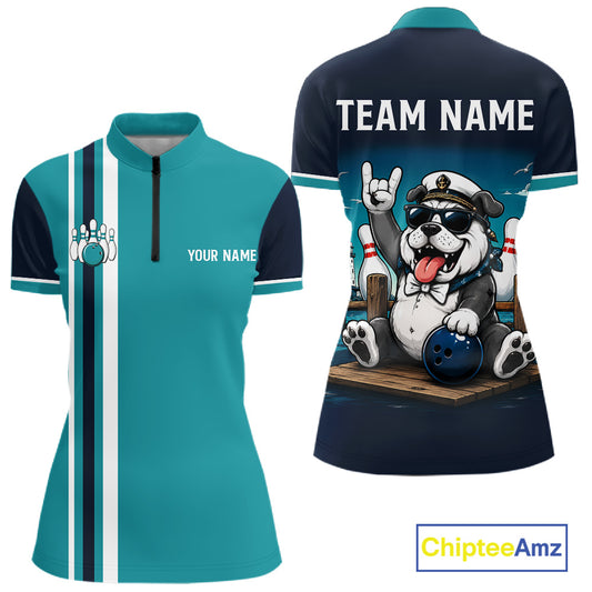 Funny Bulldog Women's Quarter-Zip Bowling Shirt, Personalized Custom Name Bowling Jersey, Tournament Apparel