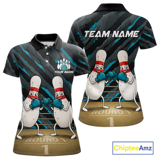 Funny Boxing Bowling Pins Women's Bowling Polo Shirt, Personalized Blue Bowling Team Jersey, Cartoon Boxing Pins Performance Polo, Fun Tournament Apparel