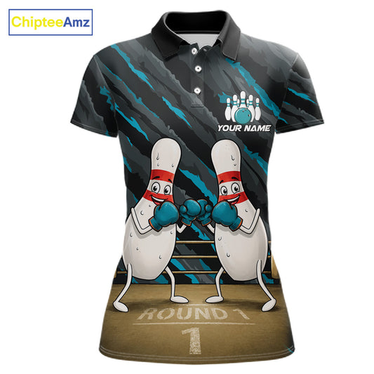 Funny Boxing Bowling Pins Women's Bowling Polo Shirt, Personalized Blue Bowling Team Jersey, Cartoon Boxing Pins Performance Polo, Fun Tournament Apparel