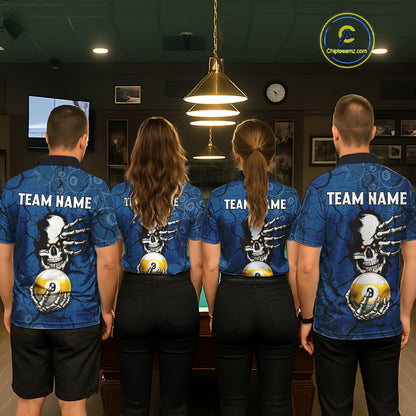 Cracked Blue Skeleton 8 Ball & 9 Ball Billiard Shirt For Men Custom Pool Billiard Polo & 1/4 Zip Jersey NYN3144