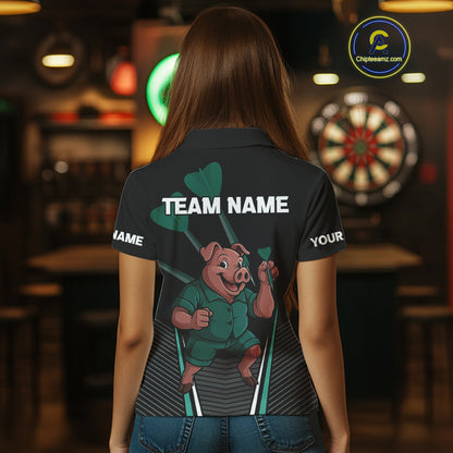 Darts Master Pig In Green Funny Darts Shirt For Women - Custom Team & Player Name NYN0363