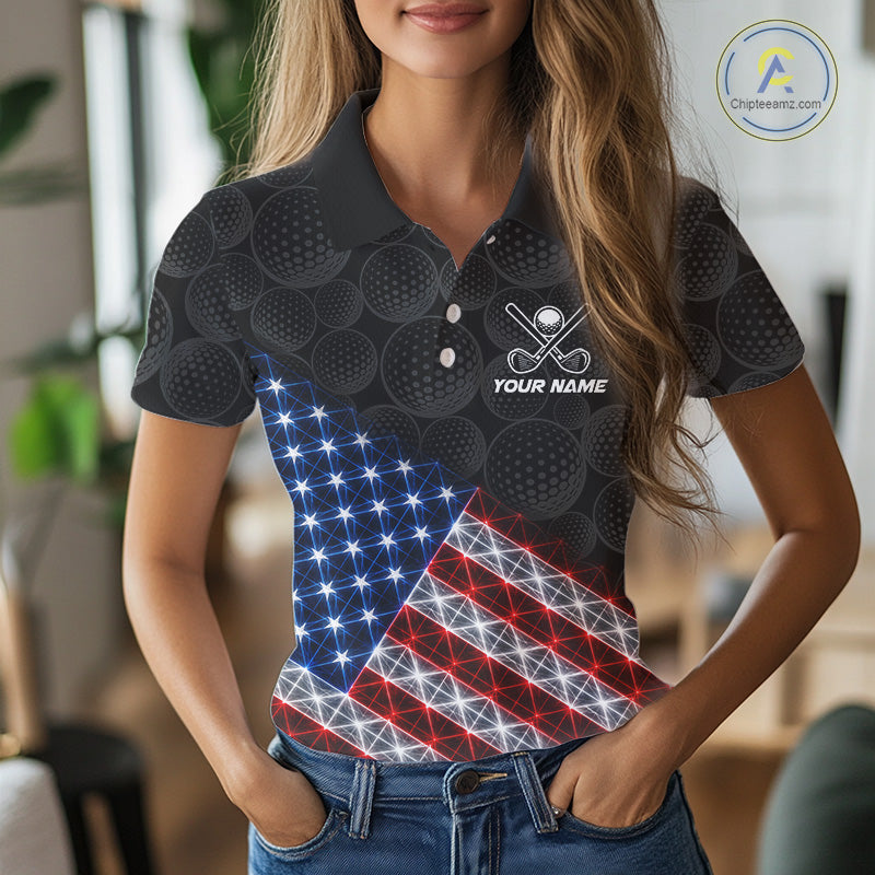 Womens Lightning US Flag Golf Polo Shirts Custom Black Golf Ball America Golf Shirt NYN3328
