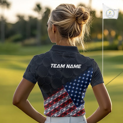 Womens Lightning US Flag Golf Polo Shirts Custom Black Golf Ball America Golf Shirt NYN3328
