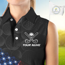 Load image into Gallery viewer, Black sleeveless golf shirt with golf ball and club design, customizable text.