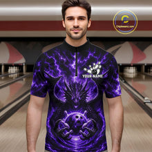Load image into Gallery viewer, Male bowler wearing Purple Thunder Dragon bowling jersey personalized custom bowling league uniform
