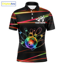 Load image into Gallery viewer, Orange and Green Neon men's bowling polo shirt custom colorful rainbow bowling team jersey, personalized bowling league uniform, custom name bowling shirt, performance bowling apparel