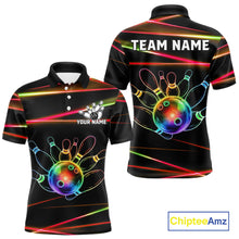 Load image into Gallery viewer, Orange and Green Neon men's bowling polo shirt custom colorful rainbow bowling team jersey, personalized bowling league uniform, custom name bowling shirt, performance bowling apparel