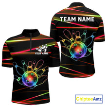 Load image into Gallery viewer, Orange and Green Neon men's quarter zip bowling shirt custom rainbow bowling team jersey, personalized bowling league apparel, custom bowling uniform