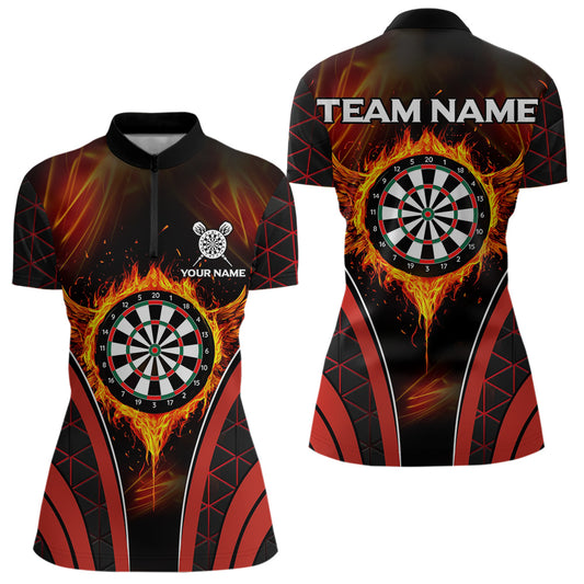 Custom Black-Red Fire Flames Dartboard Dart Shirts For Women Dart Tournament Team Jerseys NYN0038