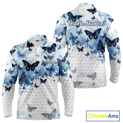 White & Blue Butterflies Mens Golf Polo Shirt Custom Watercolor Golf Shirts Golf Attire NYN3155