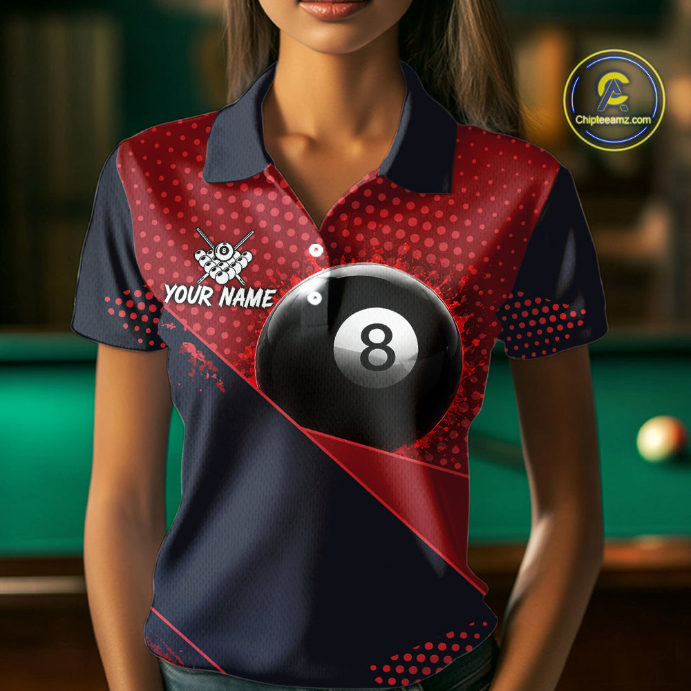 Female billiard player wearing Red Splash 8 Ball custom billiard jersey