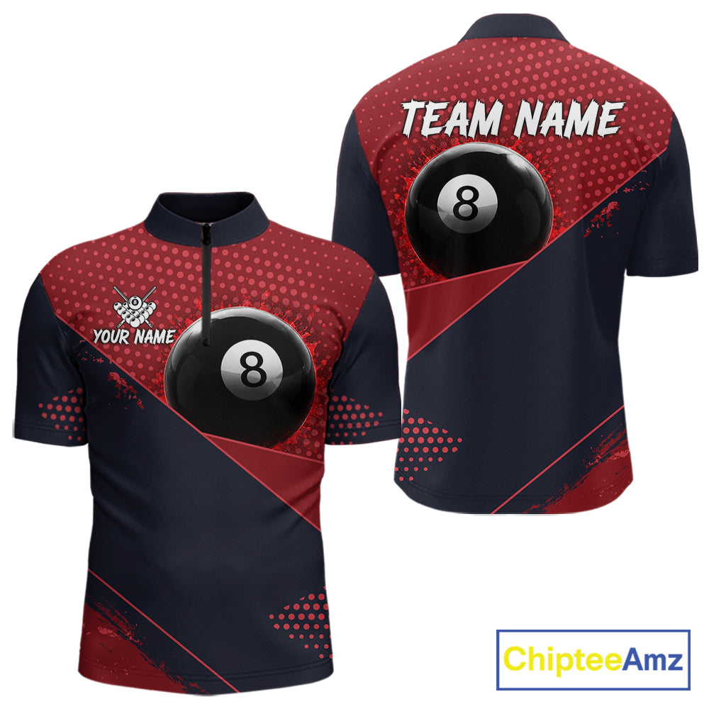 Red Splash 8 Ball Billiard Quarter-Zip Shirt For Men, Custom Pool Team Uniform, Splatter Billiards Apparel